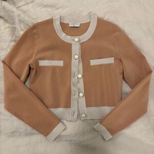Babaton Cropped Pink and Cream Cardigan with Pearl Buttons